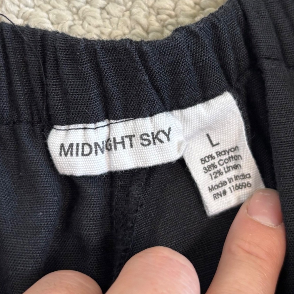 Midnight Sky Black Linen Blend Wide Leg Crop Pants White Lace Hem, Large Lagen - Picture 8 of 16